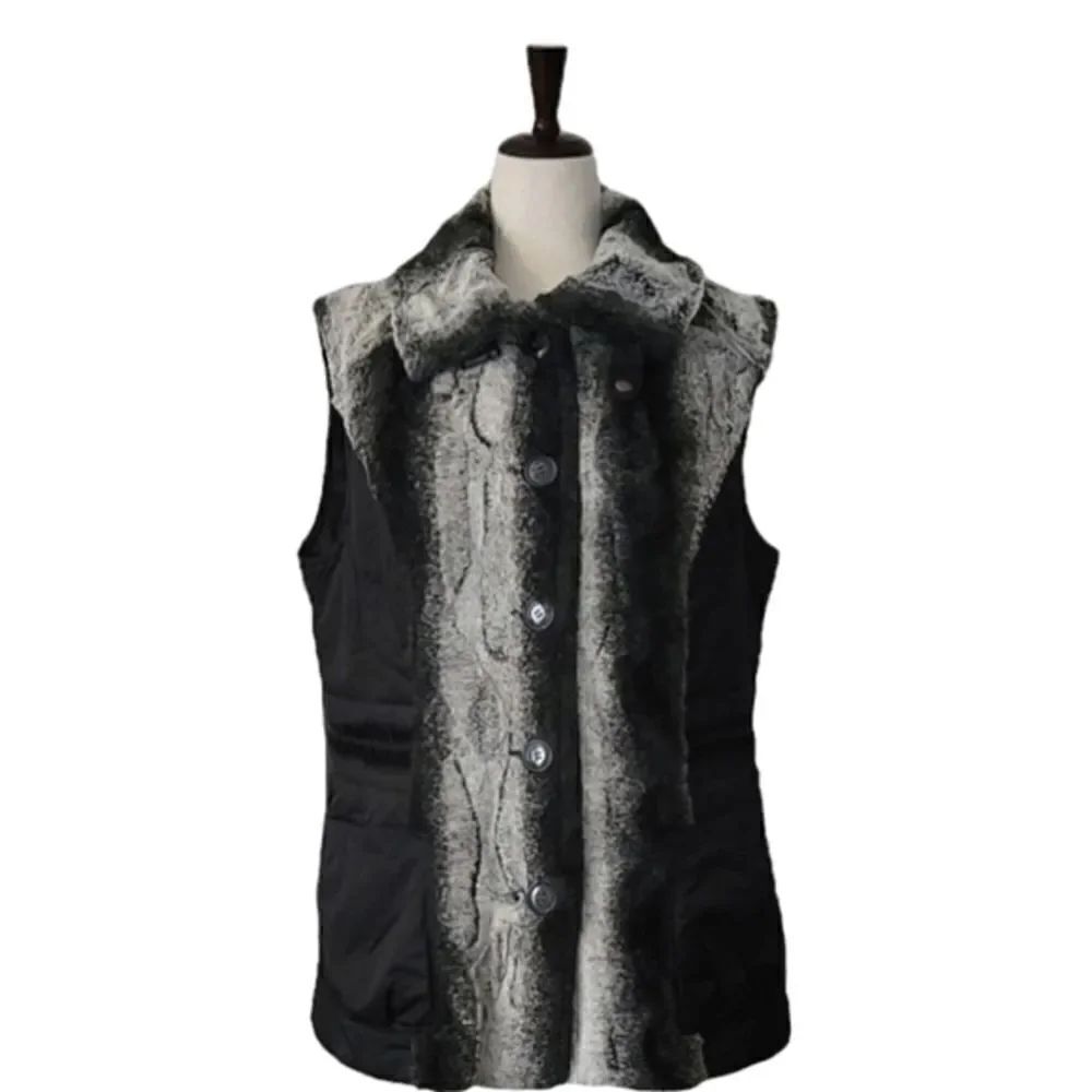 Montanaco Black Faux Fur Pleated Zip Winter Vest Size XL